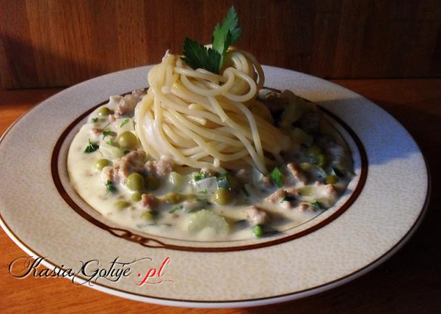 Dawno już nie mieliśmy makaronu, więc na dzisiaj spaghetti z zielonymi dodatkami w sosie śmietanowym, wyszło super! Taki przyjemny sosik, maluda i Jacek wciągnęli dokładki :) Wielką zaletą ...